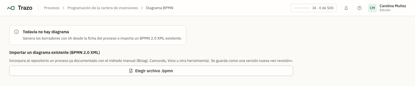 Un proceso sin diagrama ofrece importar un BPMN 2.0 XML existente