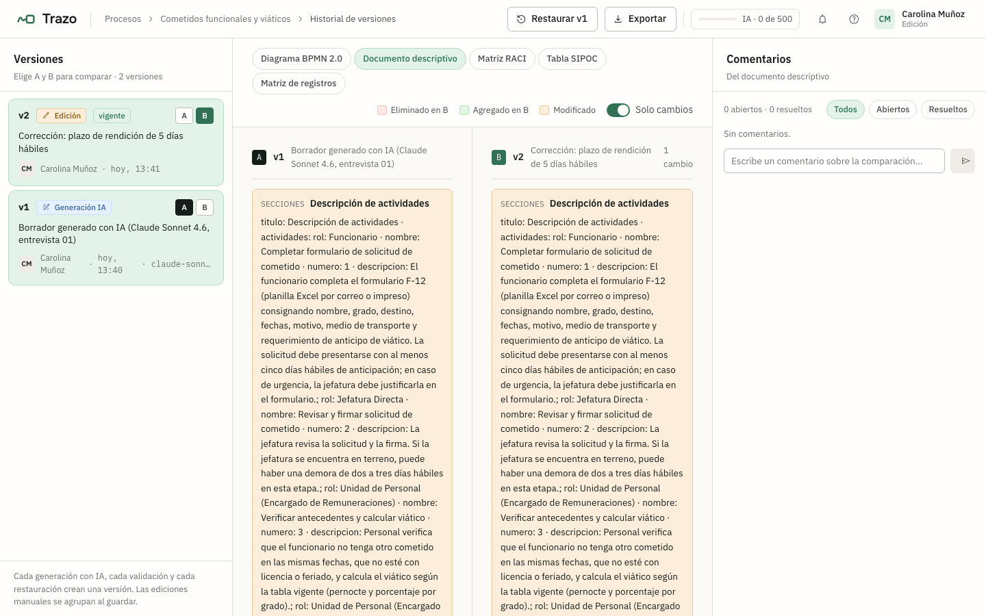 Comparación del documento descriptivo entre dos versiones
