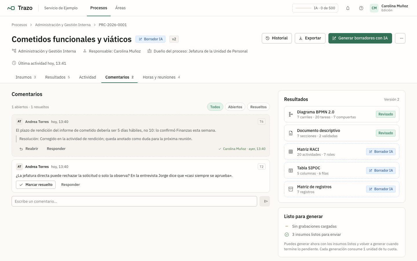 Comentarios de una cuenta de visualización, uno resuelto con su resolución y otro abierto