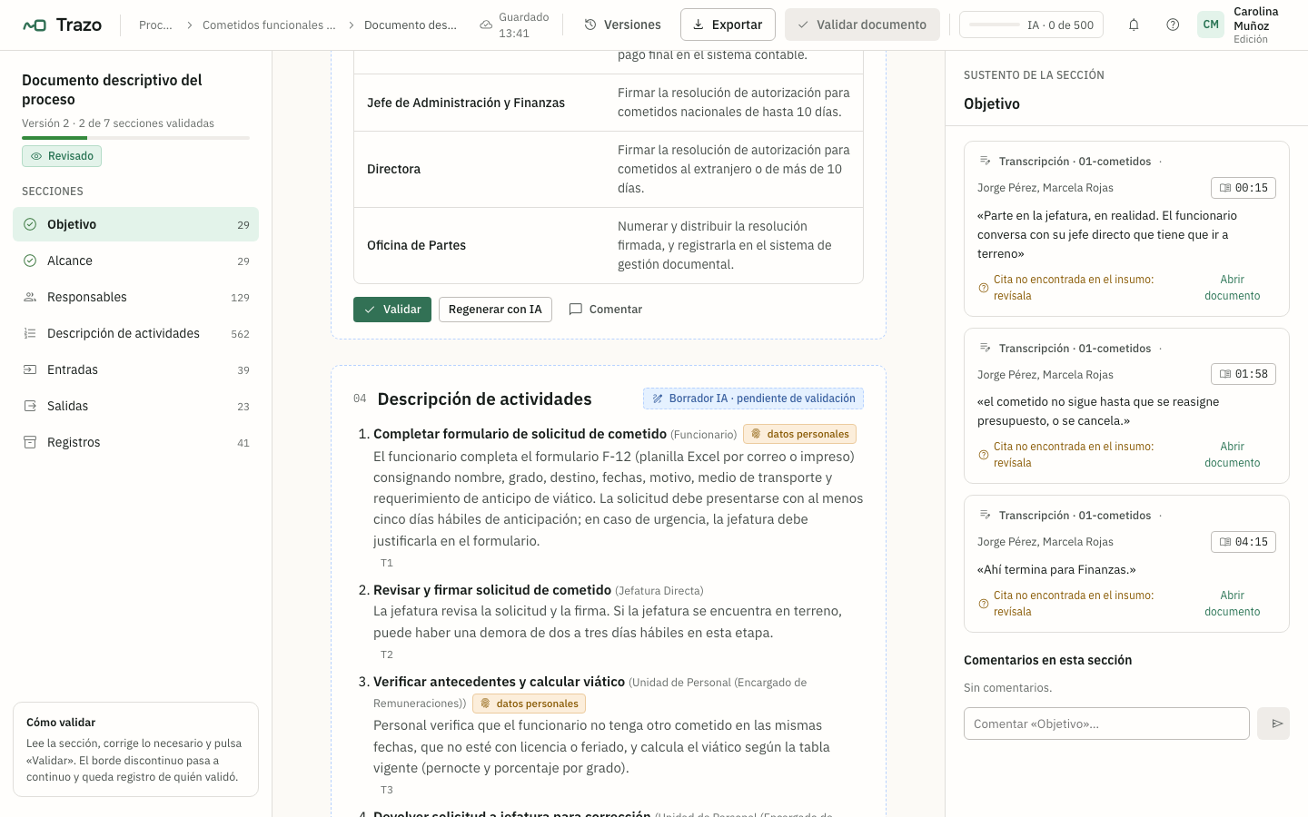 Documento descriptivo con actividades marcadas porque tratan datos personales