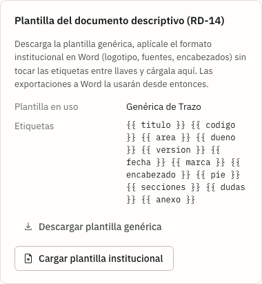 Tarjeta de la plantilla del documento descriptivo con la plantilla en uso y sus etiquetas
