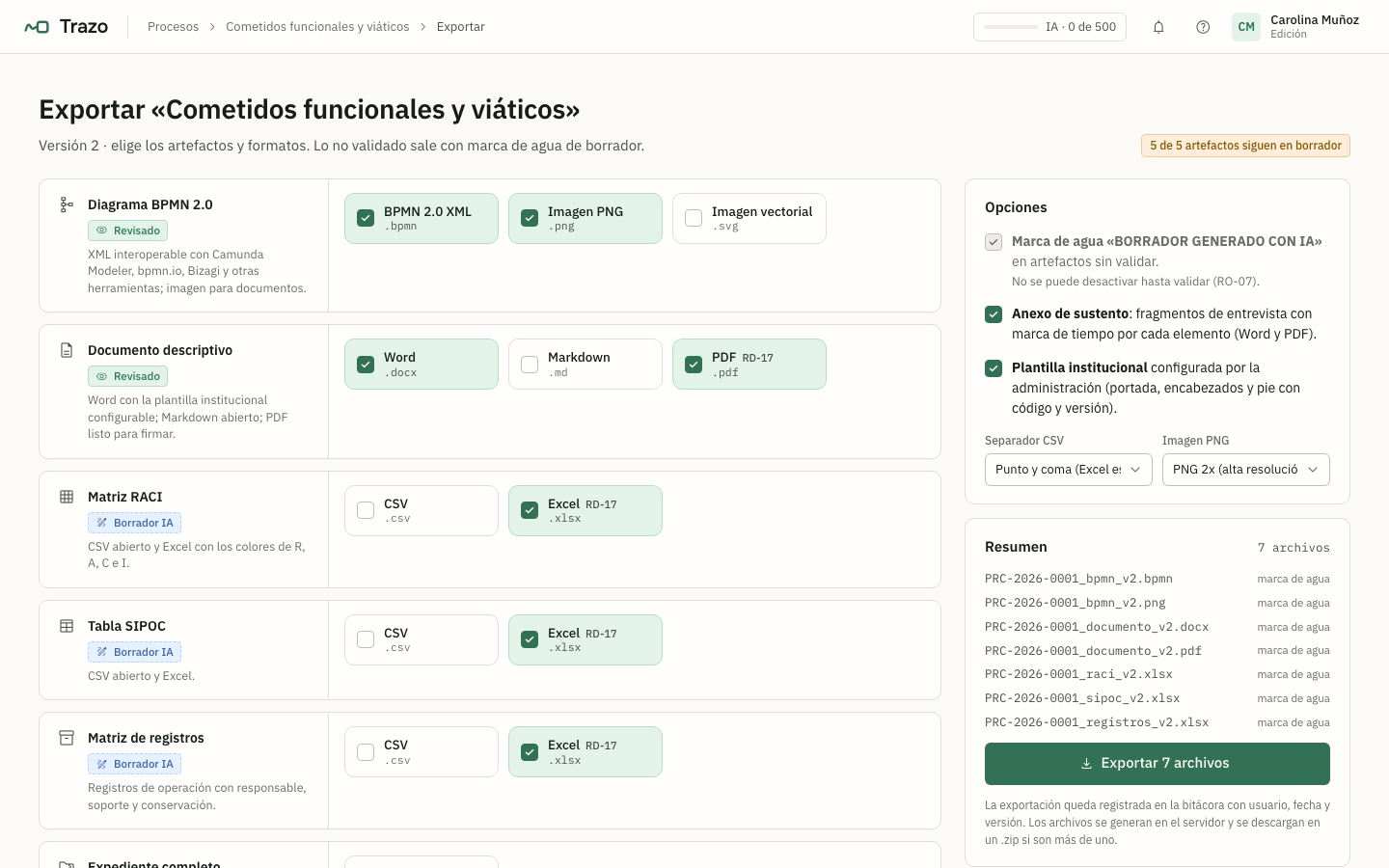 Pantalla de exportación con el documento en PDF y las matrices en XLSX